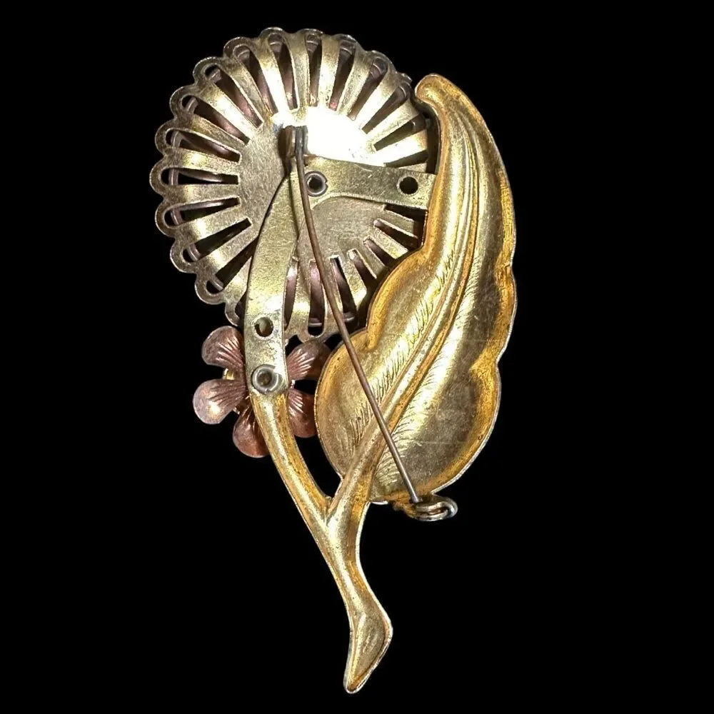 Vintage 40’s Rose and Yellow Gold Tone Double Flower Brooch Pin